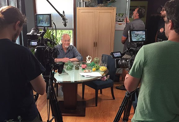 J and the crew in the dining room- filming the segment about flower frogs for Life in Bloom!