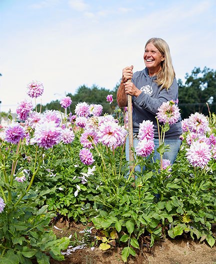 Happy to be growing Dahlias on her farm in Hamilton Michigan- Jan Brondyke loves the Flowers!