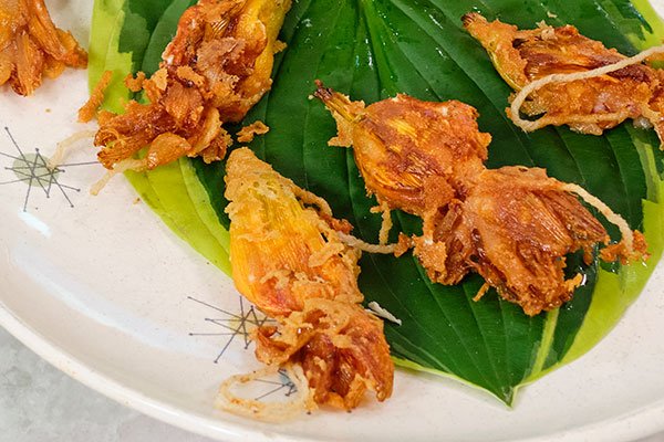I arranged the fried Day Lily blooms on a plate with a hosta leaf- Hold on to the cotton twine- and eat it like a shrimp- hold onto the tail!