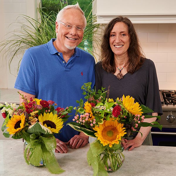 J and Laurie Keller with their finished flower arrangements- It's always Fun with Flowers- on Life in Bloom!