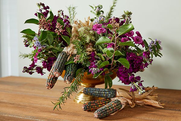 J creates a Thanksgiving Centerpiece that includes Stained Glass Corn- and Flowers in Jewel Tones!