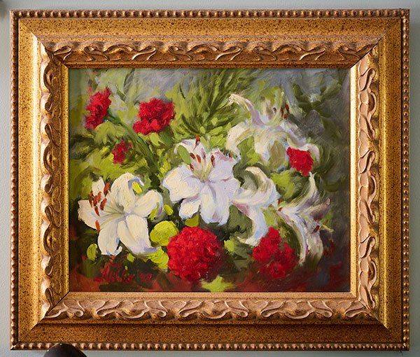 A wonderful Custom Piece of Art- created to feature Red Carnations and Lilies together - reminds me of - and is dedicated to my Grandpa Carnation Joe and his Lily!