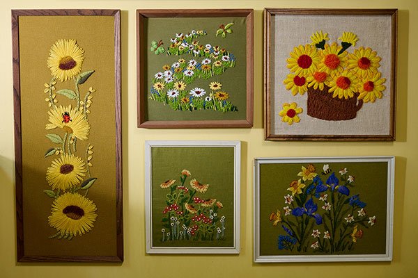 Examples of Crewel Art Work featuring Flowers- is a Vintage Collection of this 70s style of hand crafted art!