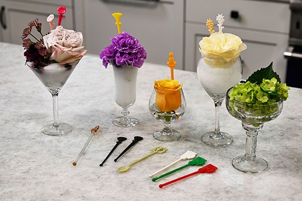J creates a series of Faux Cocktails- that feature flowers- a perfect display showcase for his Flower and Plant Swizzle Sticks!