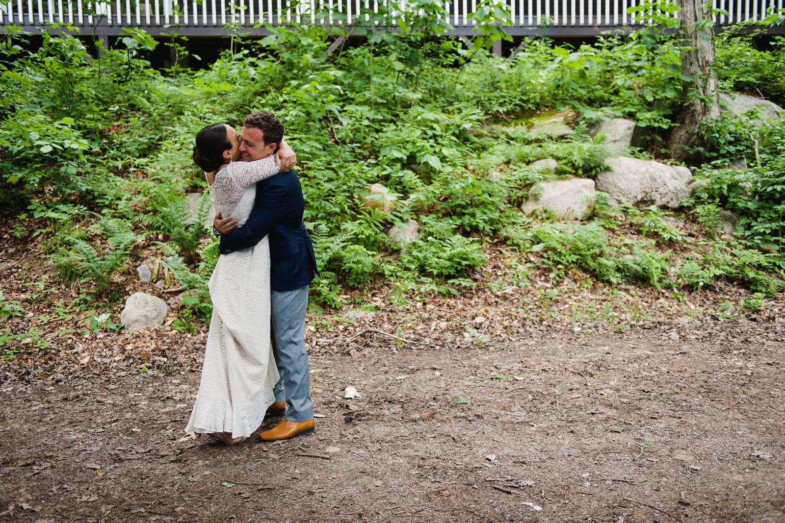 tamara and bram see each other for the first time before their ontario summer camp wedding at camp timberlane