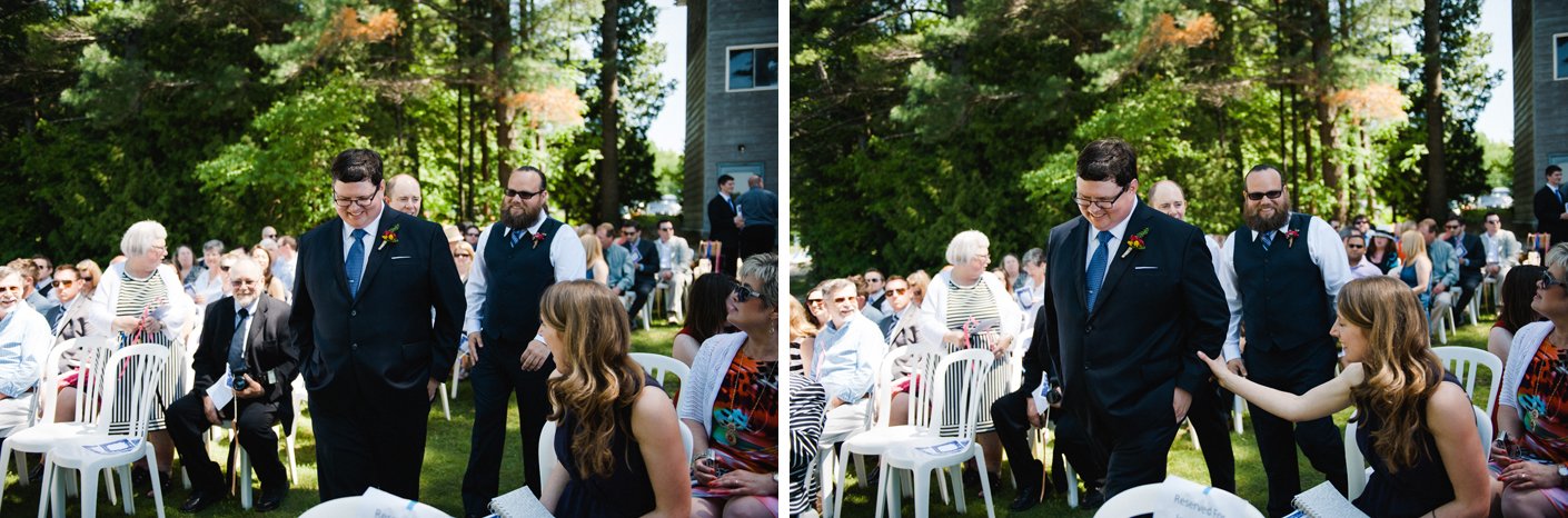 remi enters his outdoor wedding ceremony at delmonte in the pines captured by muskoka documentary photographers jenn and dave stark