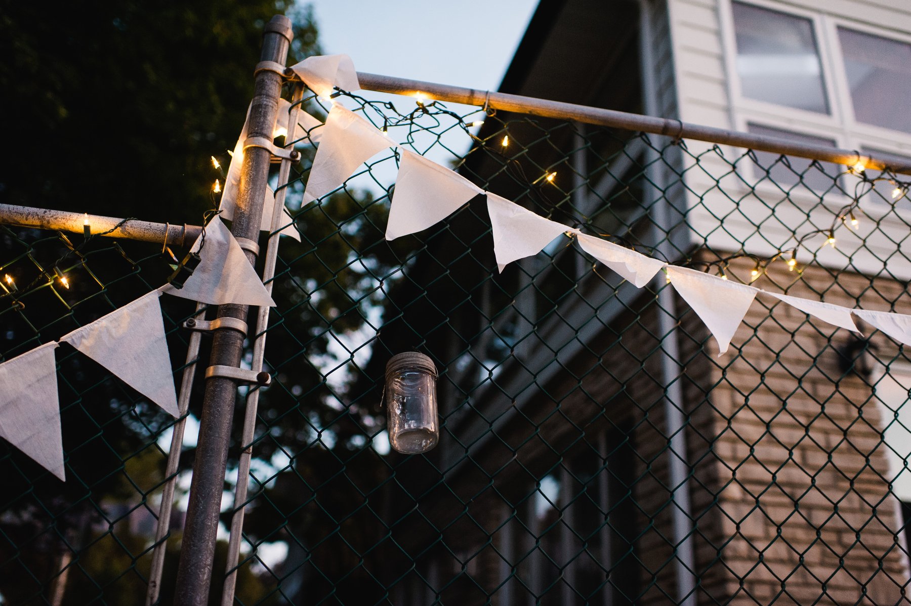 bunting and string lights as wedding decor