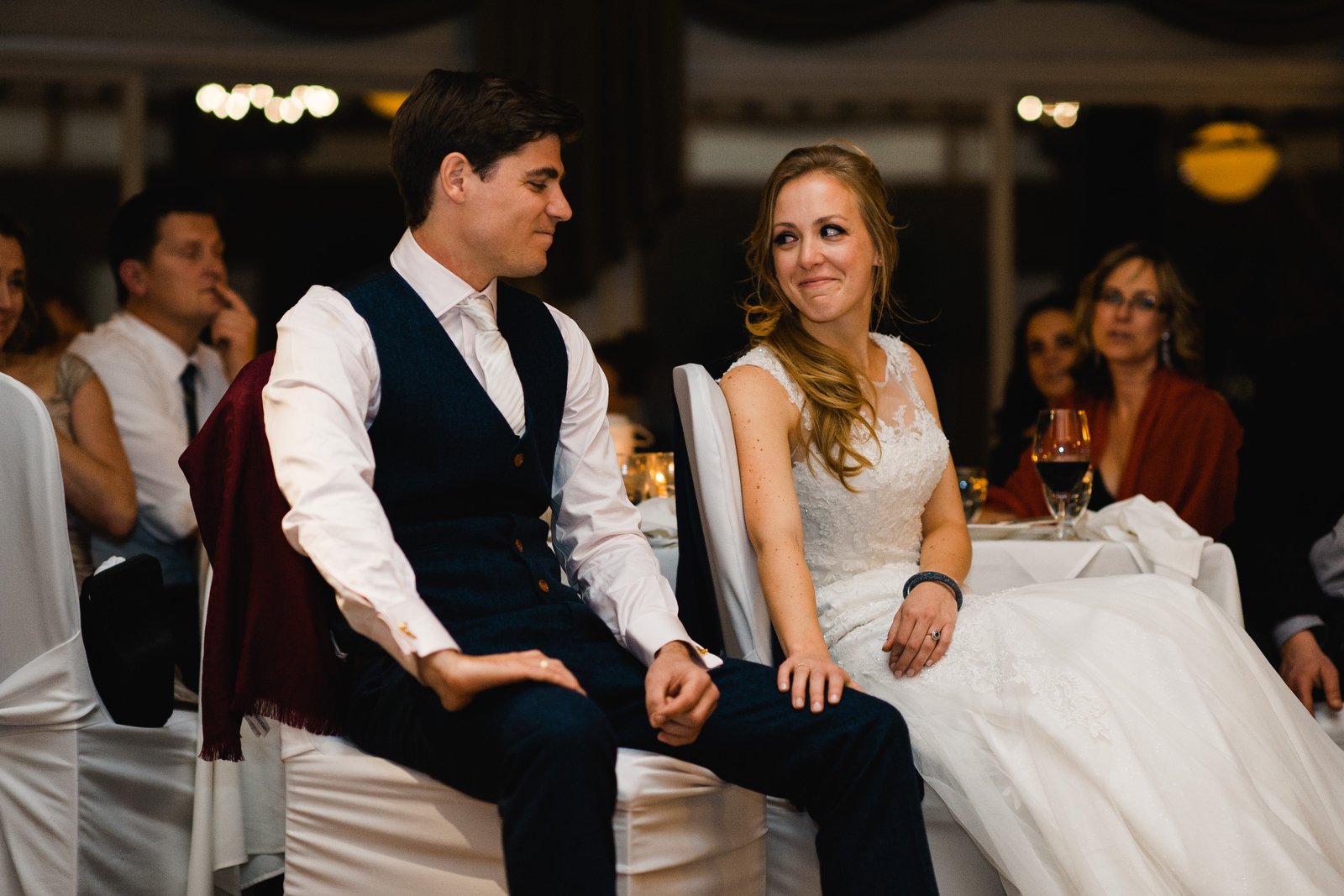 bride and groom's emotional reaction to parents' speeches