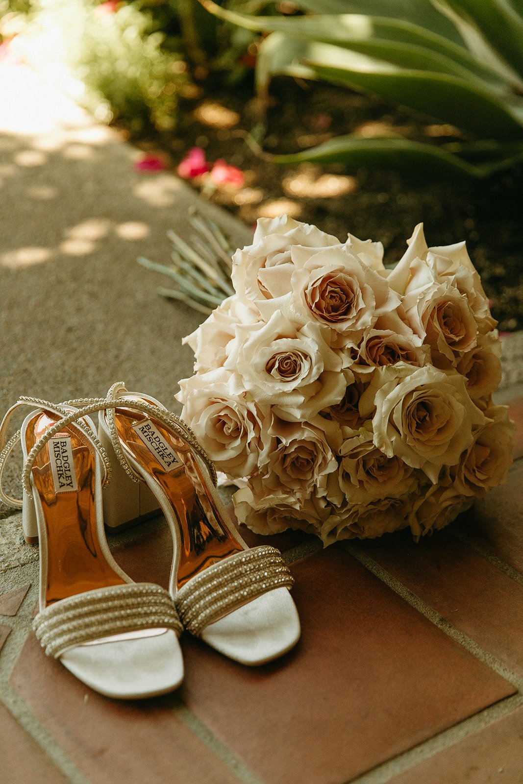 Bridal heels and flower bouquet