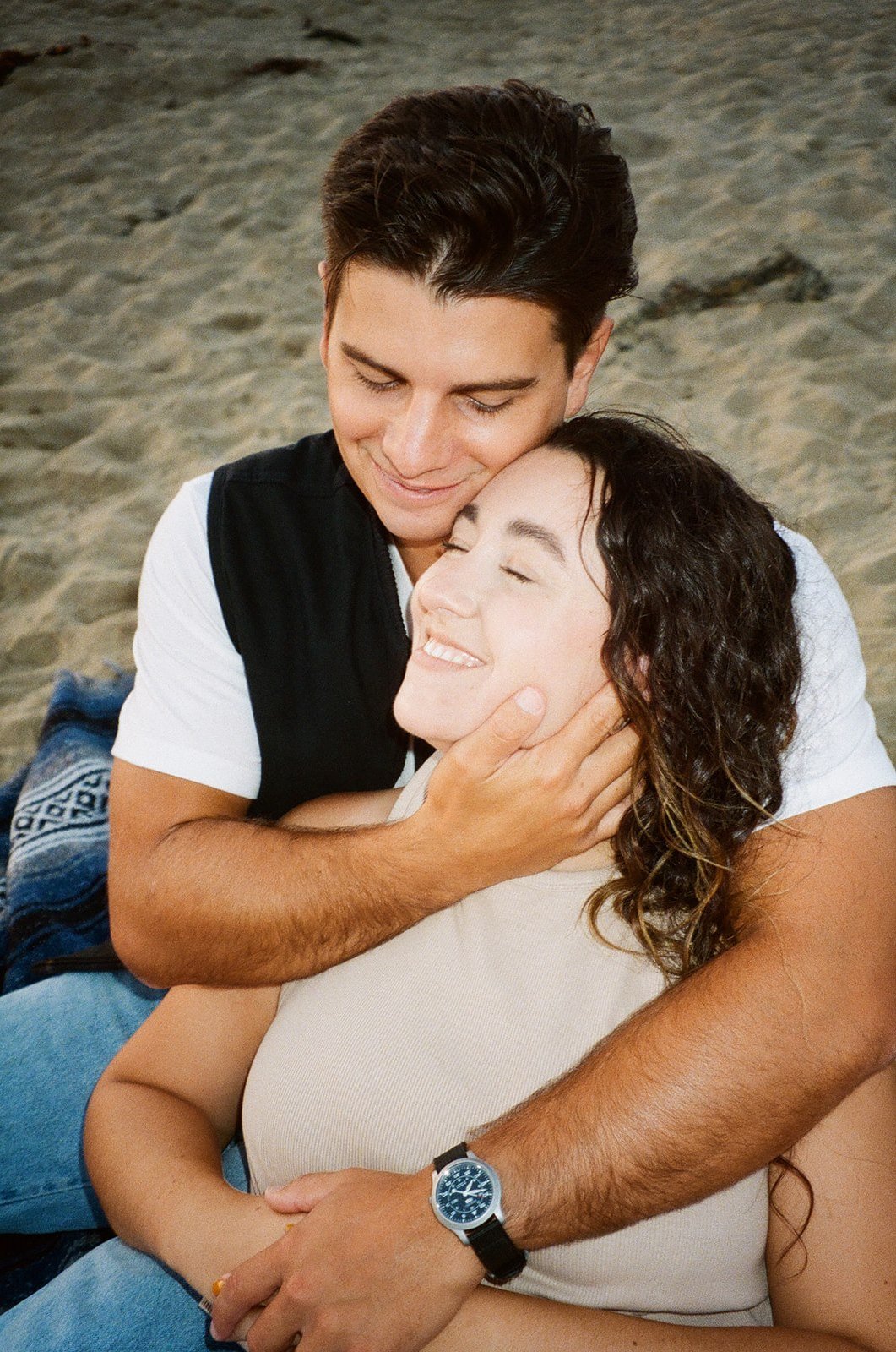 Newport Beach engagement photo session with cute couple during golden hour on film