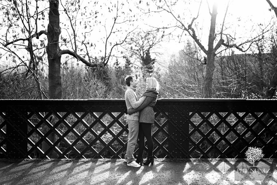 engaged couple on armstrong bridge