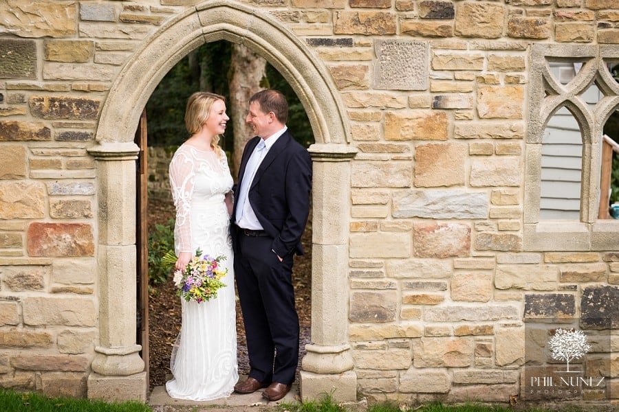 A fun bride and groom portrait at Woodhill Hall in Northumberland.