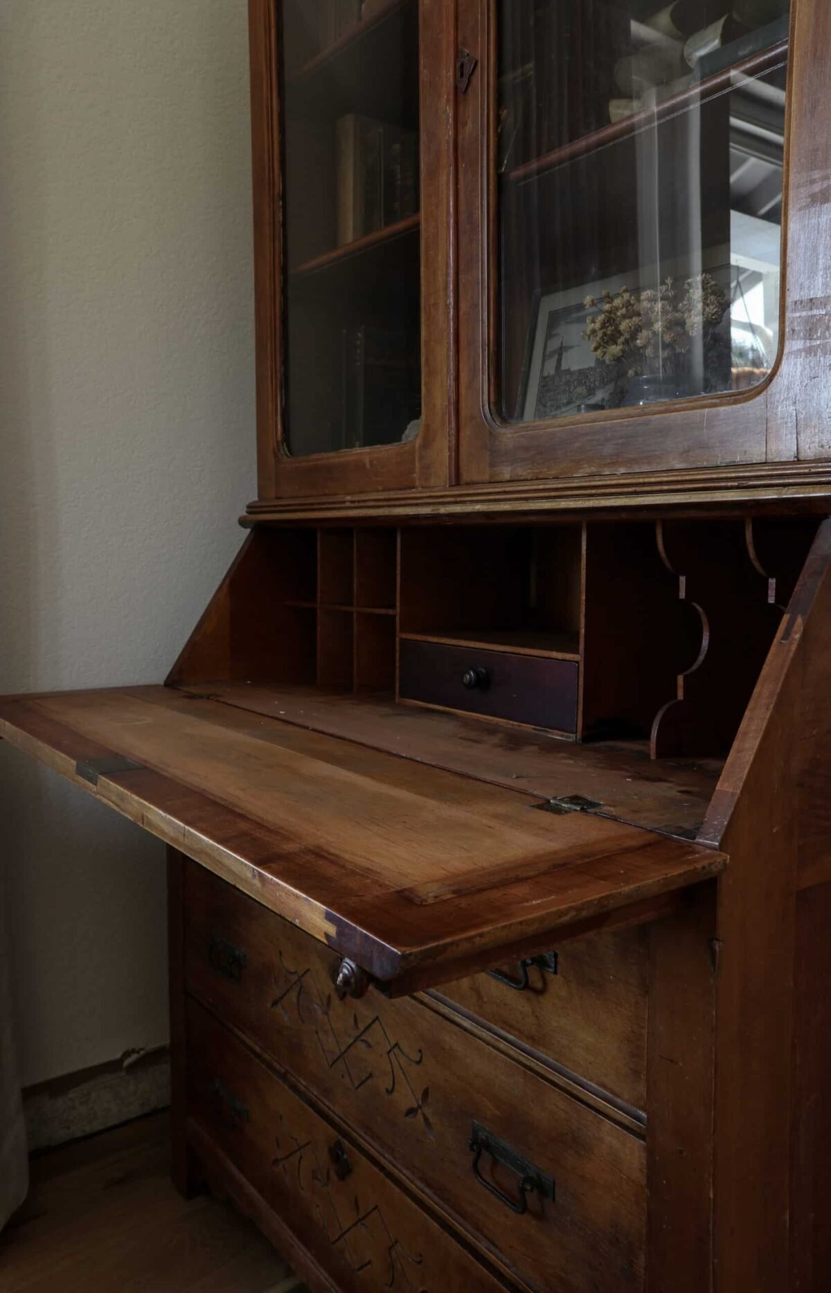 antique secretary with drop down portion open