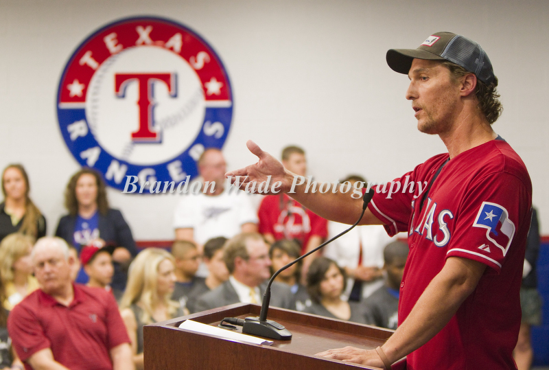 Matthew McConaughey speaks to youth at the Buckner Family Hope Center at  the Texas Rangers MLB Youth Academy · Buckner International