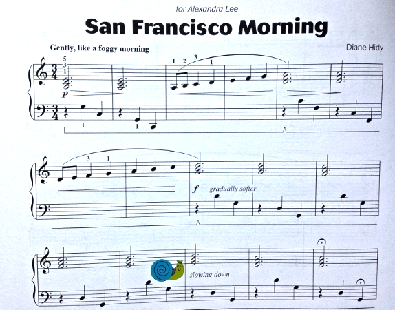 San Francisco Morning, from  Attention Grabbers Book 2 , has a beautiful, sweet sound. Learning to slow down is a skill in itself. Notice that the words are in English - slowing down (not ritard.)  What sticker might a student want to put at the beginning to help them remember to play gently?