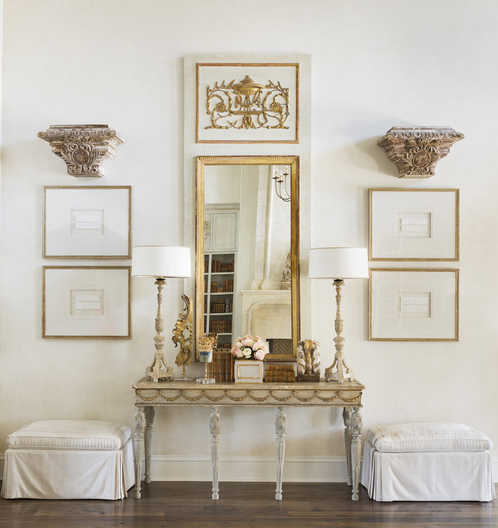  Formal Living - Antique Pier Mirror and Console from  Eloquence &nbsp;&nbsp;, Custom Ottomans 