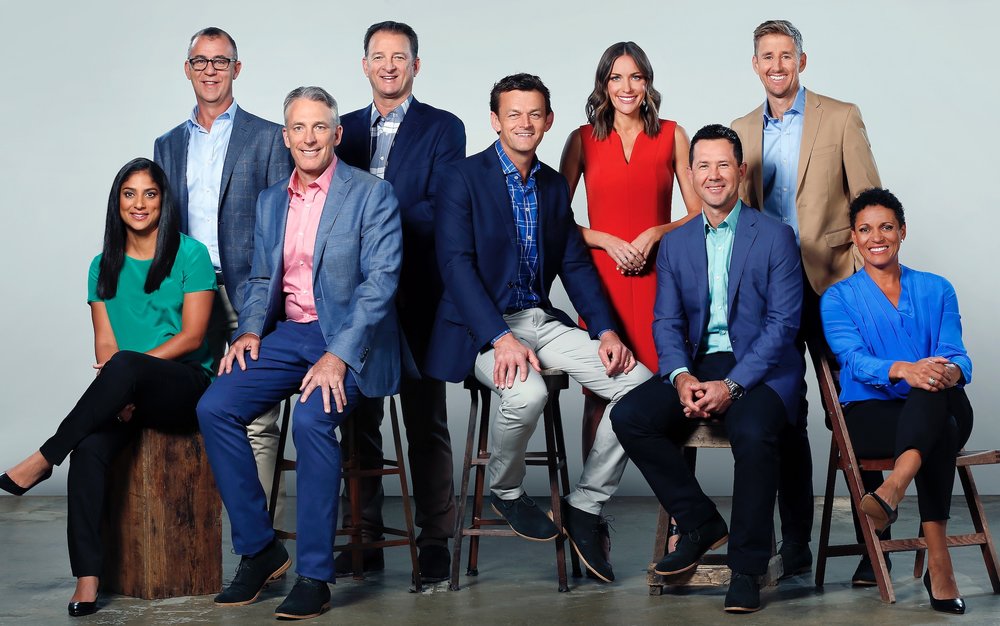 Pictured from left to right are Lisa Sthalekar, Andy Maher, Damien Fleming, Mark Waugh, Adam Gilchrist, Roz Kelly, Ricky Ponting, Mark Howard and Mel Jones. image - supplied/TEN