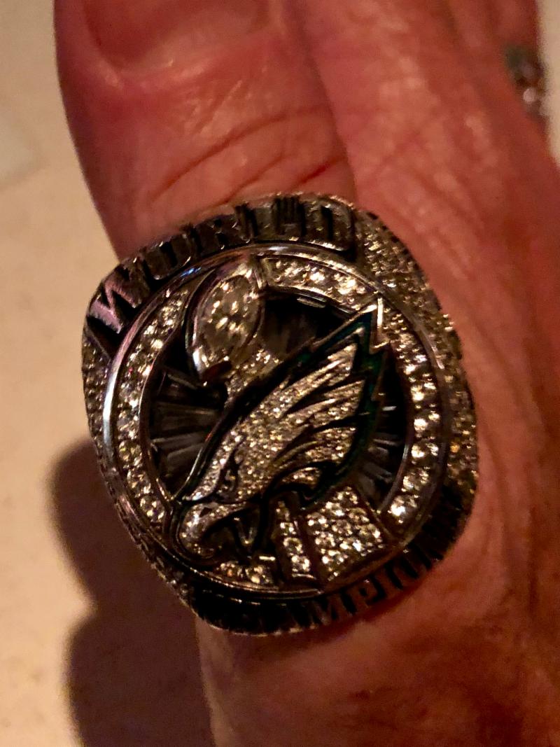 My buddy, Pastor Herbert Lusk, is also the Chaplain for the Philadelphia Eagles. This is me trying to wear his Super Bowl ring from last season on my thumb. (Maybe both thumbs would've done it!)
