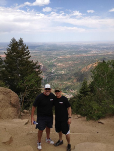 My son (in-law) Adam and me at the top (8600') of the infamous Incline in Colorado Springs, a 2100' elevation gain in 2800 steps. (Dude...)