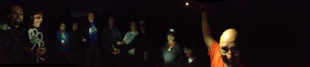 Panoramic shot of our prayer meeting in the dark at Mission la Purisma in Lompoc tonight