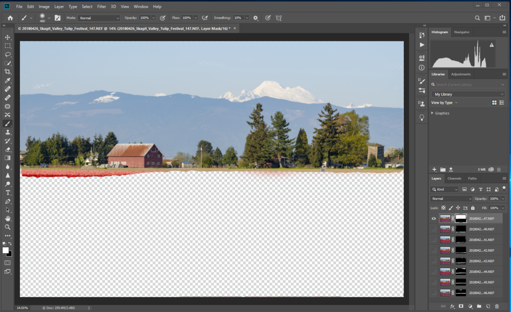 After correcting the layer mask with the Brush tool, the layer at infinity focus with the sky now looks correct.