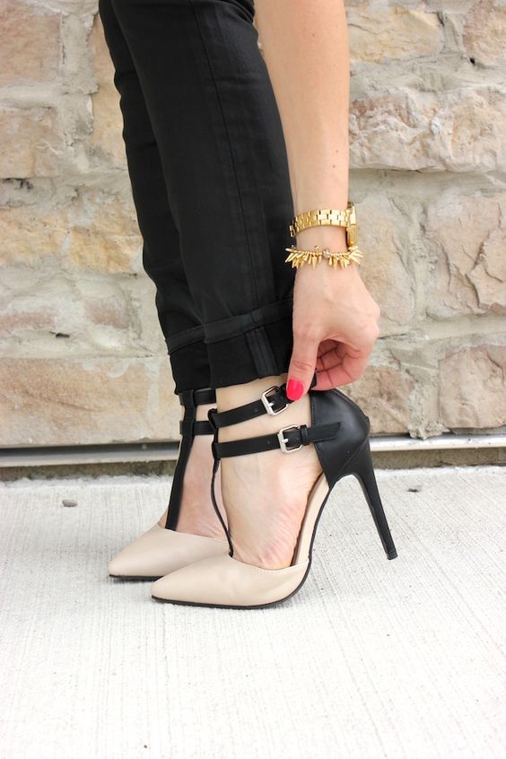  Black and nude t strap heels 