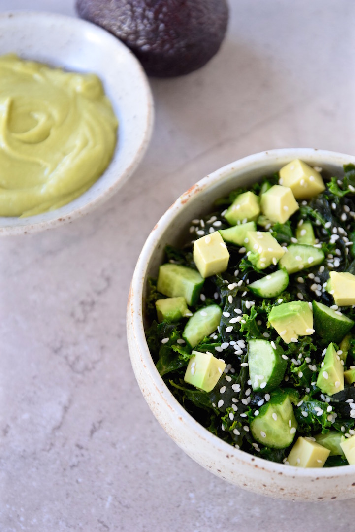 Green Superfood Salad - kale, seaweed, avocado & cucumber come together in this nutritious, vitamin packed salad that's gluten free and vegan | TastingPage.com