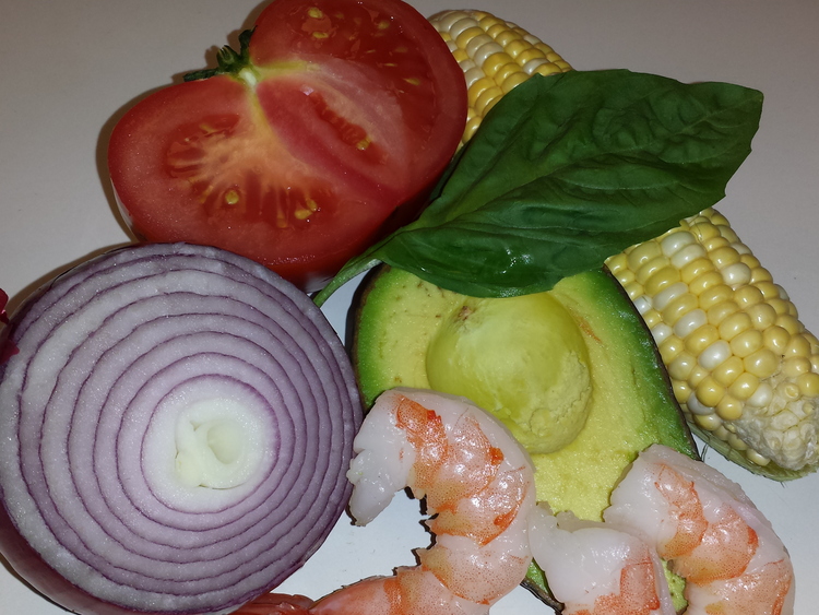 ingredientsavocadotomatoshrimpsalad Avocado, Tomato, Corn and Shrimp Salad with Basil Vinaigrette
