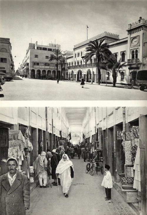 Click photo to download. Caption: Top: The "Piazza Muncipio" quarter of Benghazi, Libya, in the 1920s, where many Jews lived. Bottom: The "Covered Shuk" in Benghazi in the 1930s, where many Jews owned shops. Credit: Courtesy of Prof. Maurice Roumani.