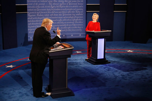 Donald Trump and Hillary Clinton squaring off in the first presidential debate in September. Credit: Getty Images. 