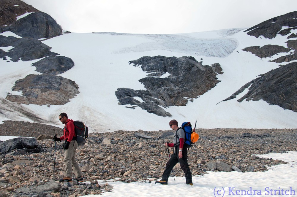 Brent and partner hiking up Boundary Glacier in the Black Spider Hoody, heading up to The Shield to gain access to A2, one of the satellite peaks of Mt Athabasca