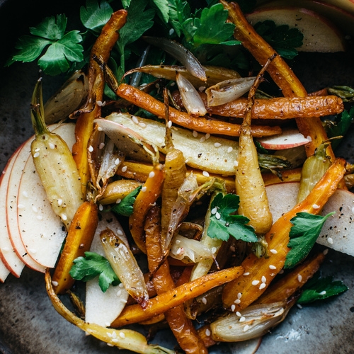 fennel-roasted carrots & shallot salad w/ shaved apples