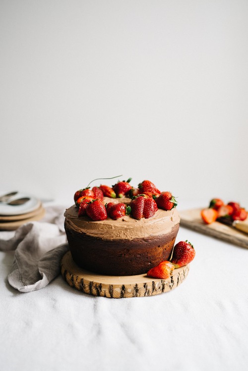 strawberry-rhubarb & olive oil chocolate cake w/ chocolate whip