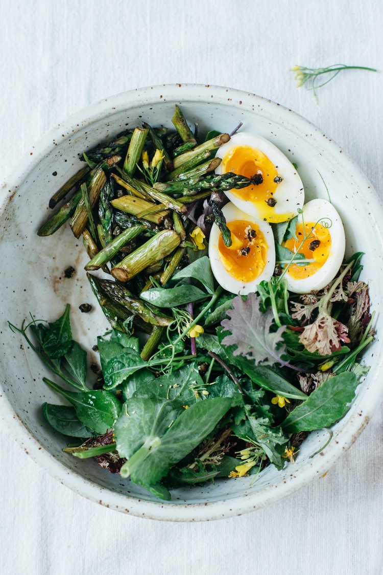 balsamic-roasted asparagus salad w/ fried capers & 7-minute eggs
