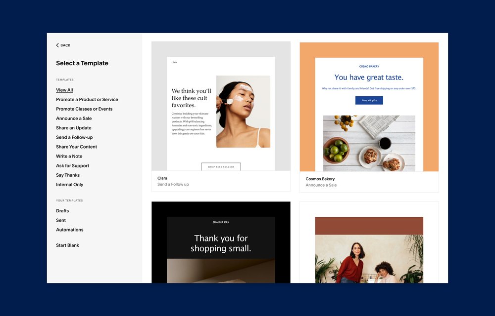 Selections of Squarespace email newsletter design templates