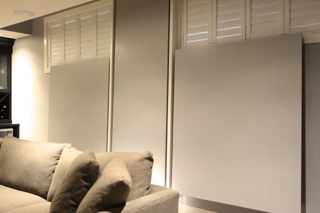   Home theatre room - &nbsp;custom made sound absorbing back wall panels.  