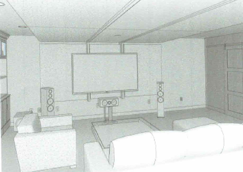  3D view of a future home theatre layout by  sound engineering studio: &nbsp;WSDG Group&nbsp; 