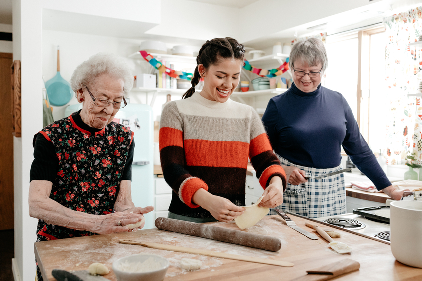 Host Molly Yeh, with her aunts making Potato Flatbread.jpeg