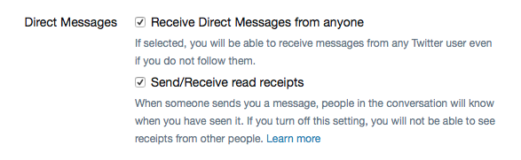  Screenshot of Twitter's Direct Message settings. 