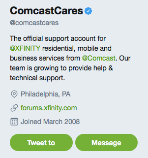  Screenshot of the Comcast Cares Twitter profile. 