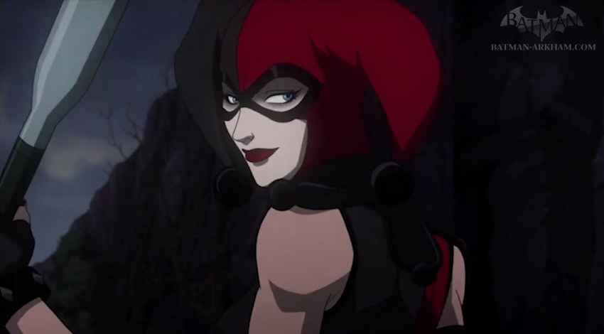 Cartoon depiction of Harley Quinn with mask covering her eyes.