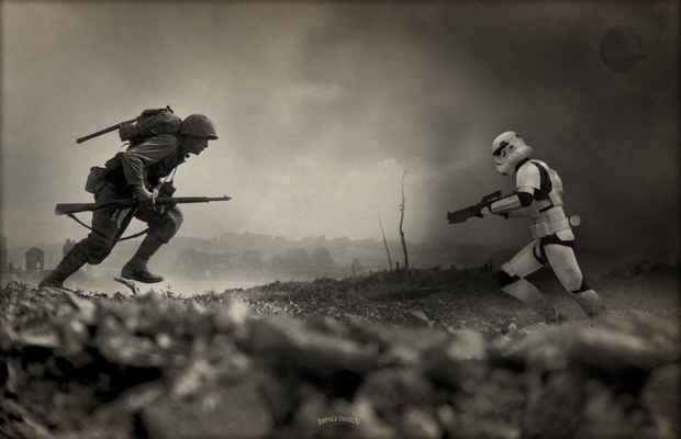 World War II infantry man runs towards Star Wars Stormtrooper in black and white aged image