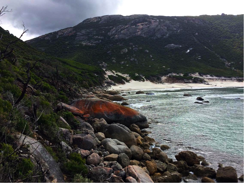  Bright orange granite boulders, Little Oberon Bay.  Image: Lauren Hall