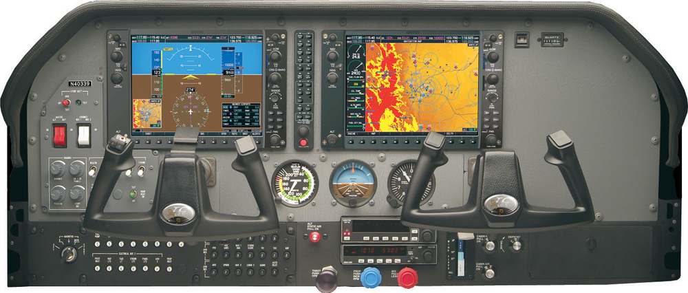  The Garmin G1000 instrument panel in the Cessna 182T, which combines the standard flight instruments into two large screens to show aircraft parameters. Three standby instruments are also available in the centre of the console. 