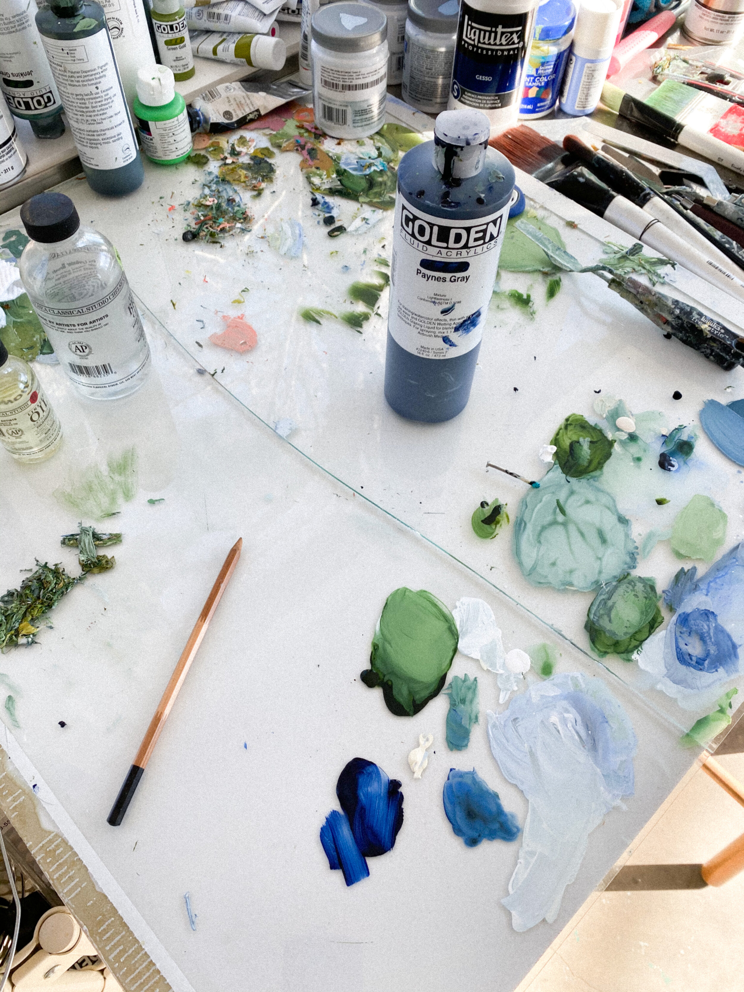 Blues and greens on a cracked palette