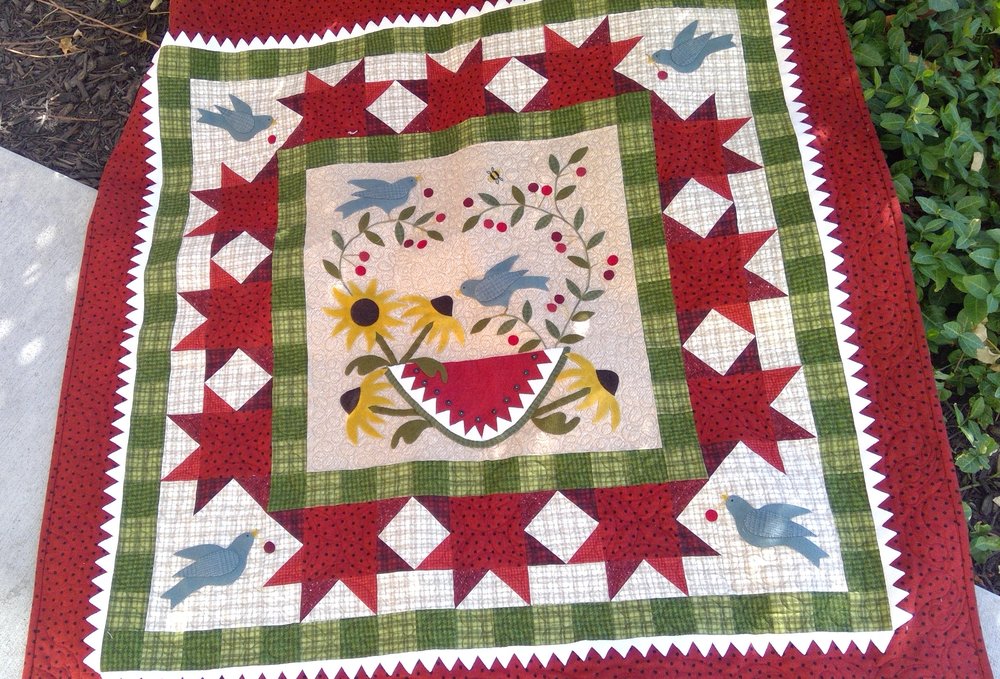  Summer Celebration -- I love this wall quilt she made.&nbsp; The quilt is basically  Woolies Flannel from Maywood Studio  pieced together to form a frame around the center medallion of wool applique.&nbsp; The birds in the corners and the white sawtooth trim are also wool.&nbsp; 