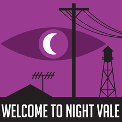 welcome to night vale logo featuring eye with crescent moon pupil, power lines, and water tower