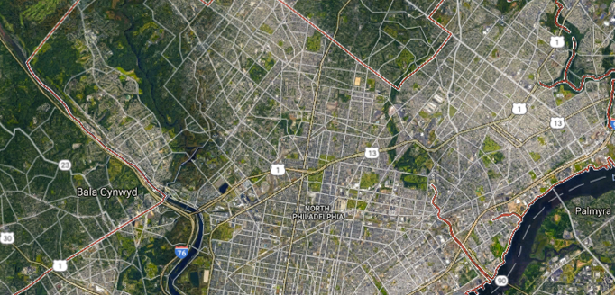 Philadelphia is an example of "leapfrog" sprawl, where new development "leaps" over vacant land to the fringes of the urban area. (Source: Google Maps)