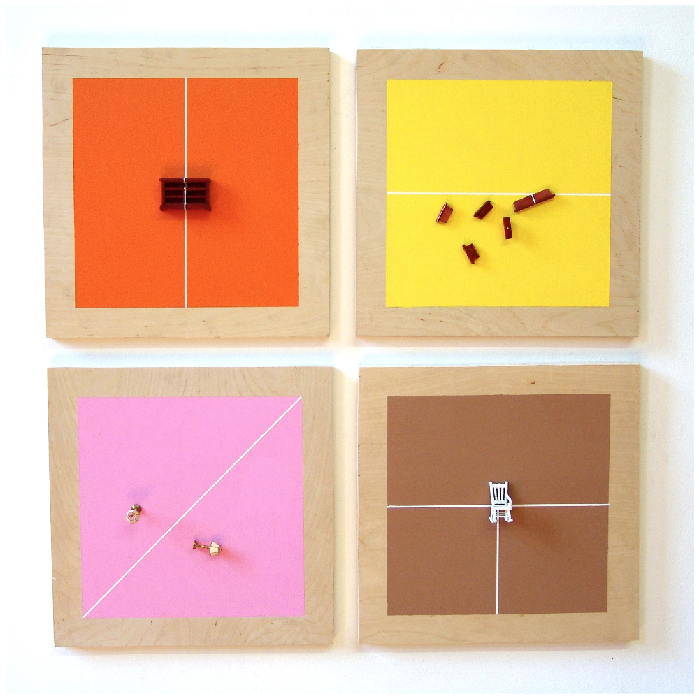   Traci Talasco ,  Juggling Act: Various States of Balance and Imbalance , 3/4" plywood, interior paint, dollhouse furniture, (4) 12 x 12 inch panels, 2012. 