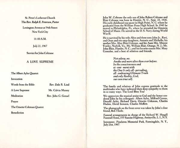 Program from the funeral of John Coltrane